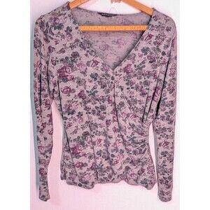 Rock & Republic Gray Pink Floral V-neck Faux Wrap Long Sleeve Womens Large (912)